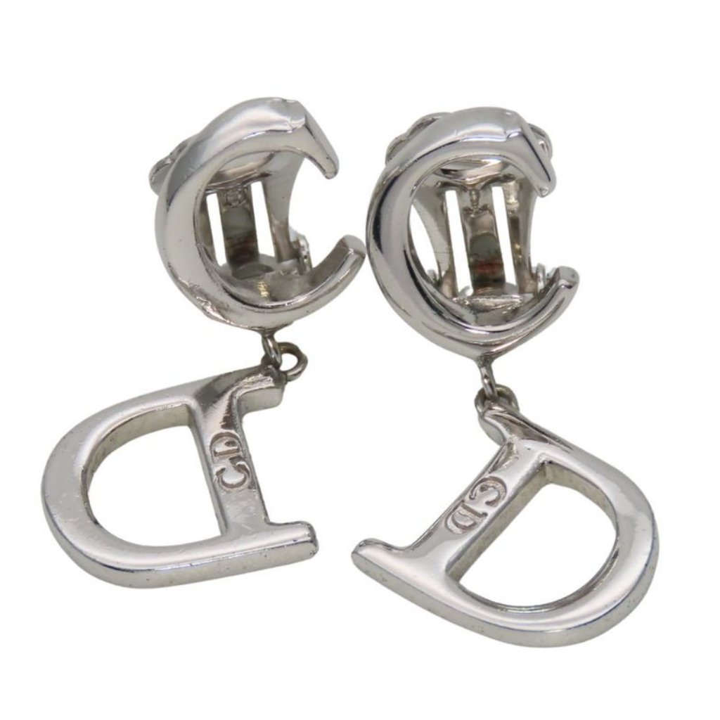 Christian Dior Earrings Swing Metal Silver Cd Logo Accessory Plated